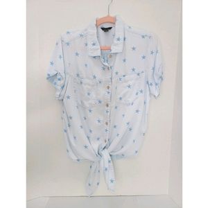 Light wash denim star button down tie top